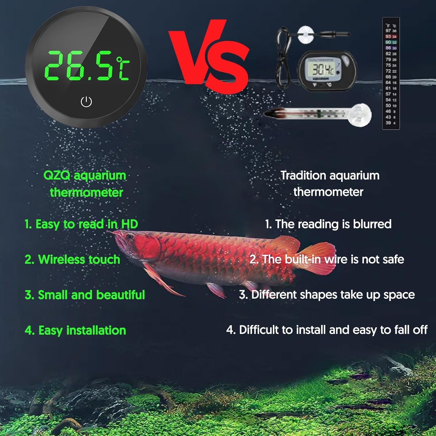 Fish Tank Thermometer Aquarium Thermometer Digital Wireless Touch Stick LED Display ±1°C for Monitoring the Fish Tank Aquarium Temperature Accessories