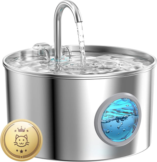 Cat Water Fountain for Drinking: Stainless Steel Cat Fountain - 2.2L Water Fountain Cat Bowl - Pet Water Fountain - Cat Drinking Fountain - Visible Water Level Cat Water Dispensers -