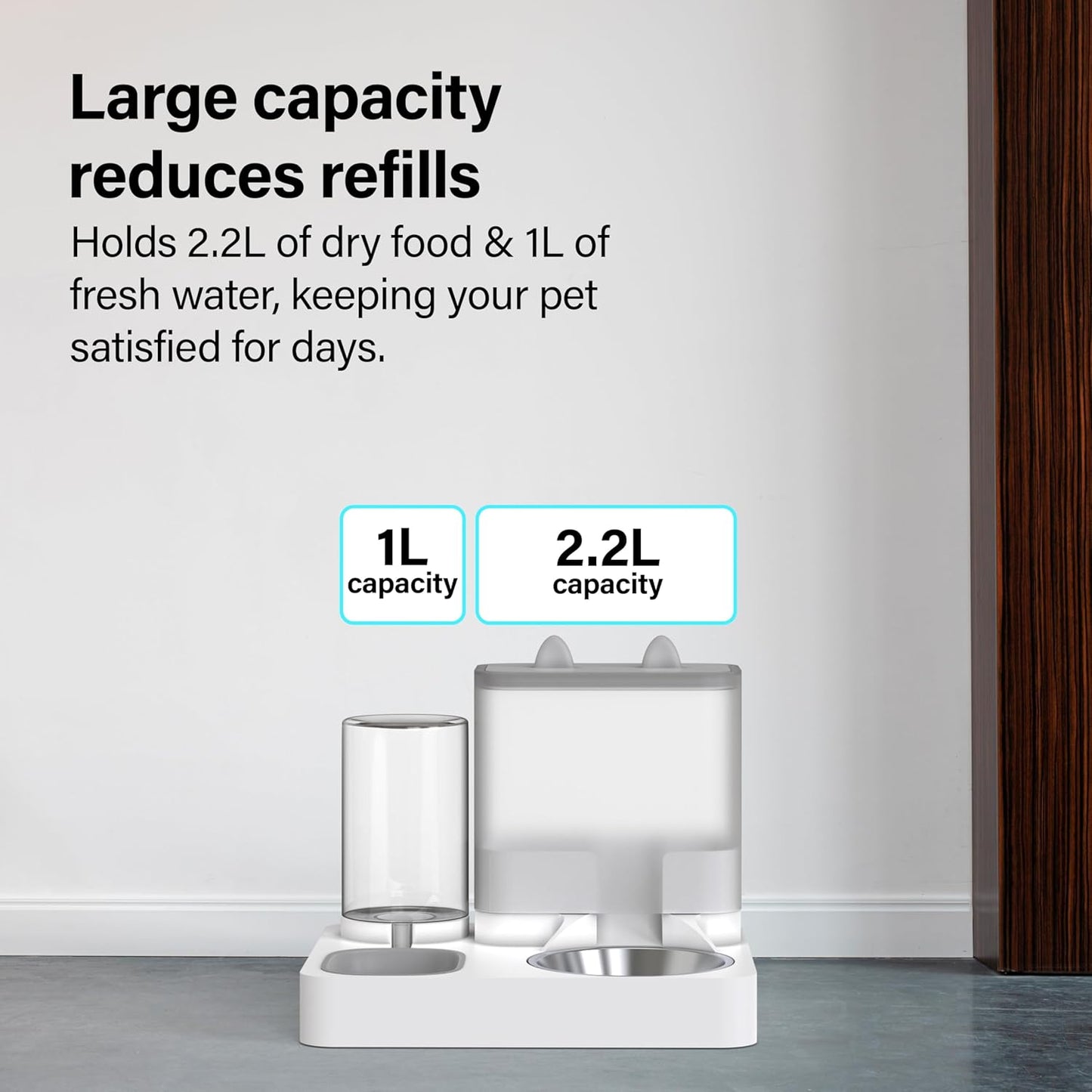 2 in 1 Automatic Pet Feeder, Food and Water Dispenser, for Small Cats and Dogs, 2.2L Food Feeder 1L Water Dispenser Gravity Dispenser Station for Home Travel Dark Grey