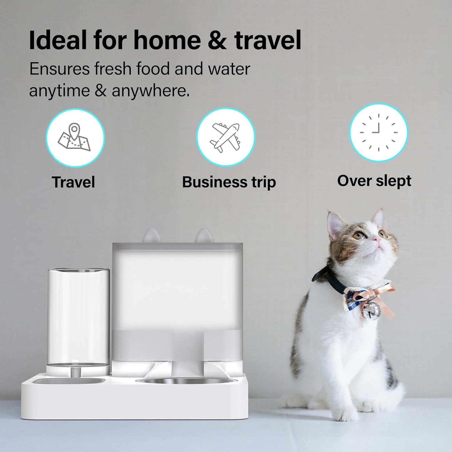 2 in 1 Automatic Pet Feeder, Food and Water Dispenser, for Small Cats and Dogs, 2.2L Food Feeder 1L Water Dispenser Gravity Dispenser Station for Home Travel Dark Grey