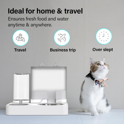 2 in 1 Automatic Pet Feeder, Food and Water Dispenser, for Small Cats and Dogs, 2.2L Food Feeder 1L Water Dispenser Gravity Dispenser Station for Home Travel Dark Grey