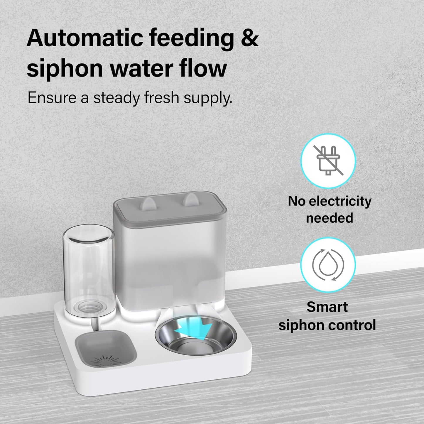 2 in 1 Automatic Pet Feeder, Food and Water Dispenser, for Small Cats and Dogs, 2.2L Food Feeder 1L Water Dispenser Gravity Dispenser Station for Home Travel Dark Grey