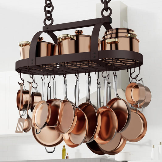85CM Oiled Bronze Hanging Pot Rack, Heavy Duty Oval Pot and Pan Hanging Rack Ceiling Mount, Pot Pan Hangers for Kitchen with 20 Hooks, (For 16" and 24" Stud Mount), KUR221S85-OB