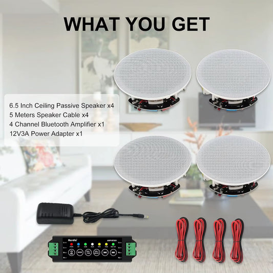 Herdio 6.5" Bluetooth Ceiling Speakers for Indoor Home Theater 600 Watts 2-Way Dome Tweeter Easy Installation 4 Speakers