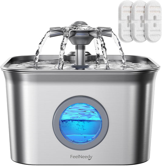 2.8L Cat Water Fountain for Drinking,  Stainless Steel Cat Fountain with 3 Pack Filters, Water Fountain C-At Bowl, Visible Water Level, Dishwasher Safe