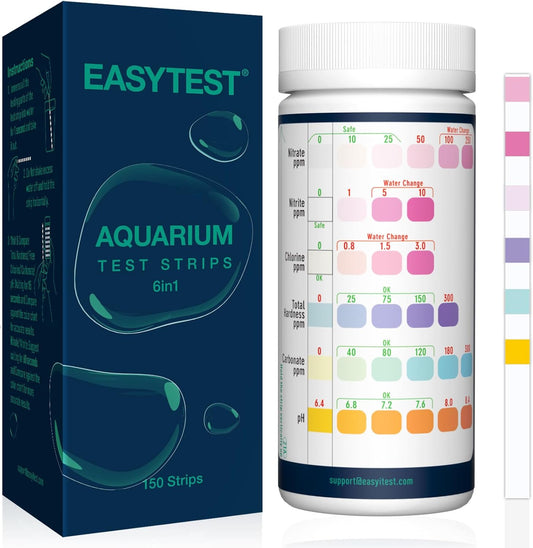 6 in 1 Aquarium Test Strips, 150 Strip Pack Aquarium Water Test Kit for Freshwater, Fish Tank, Fish Pond, Accurate Testing Total Hardness, Carbonate Nitrate, Nitrite, Cl2, Ph