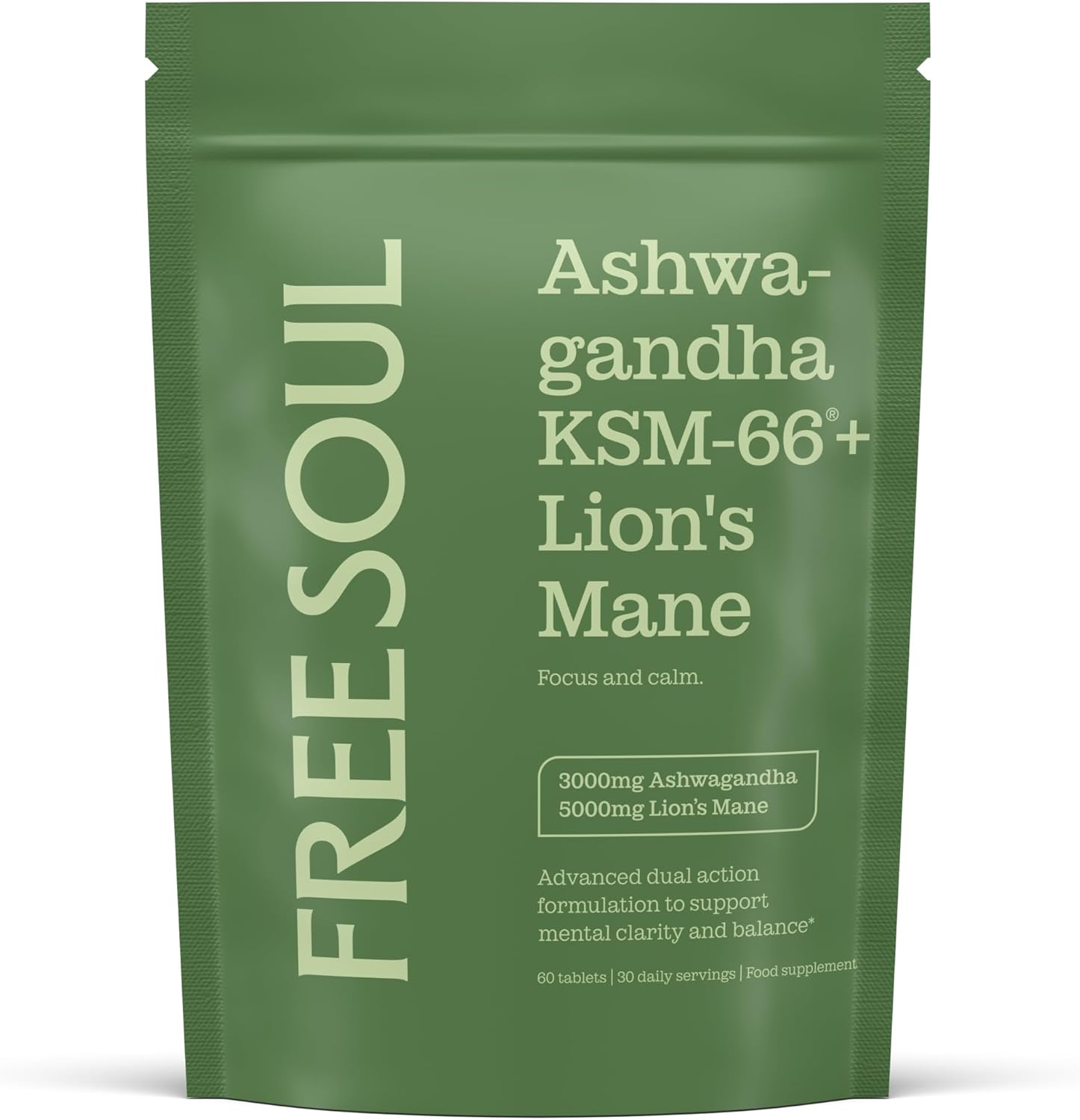 Ashwagandha KSM-66 + Lions Mane Complex | 5000mg Lions Mane + 3000mg Ashwagandha High Strength Tablets| Added Zinc + Vitamin B6 | Vegan UK Made| Free Soul
