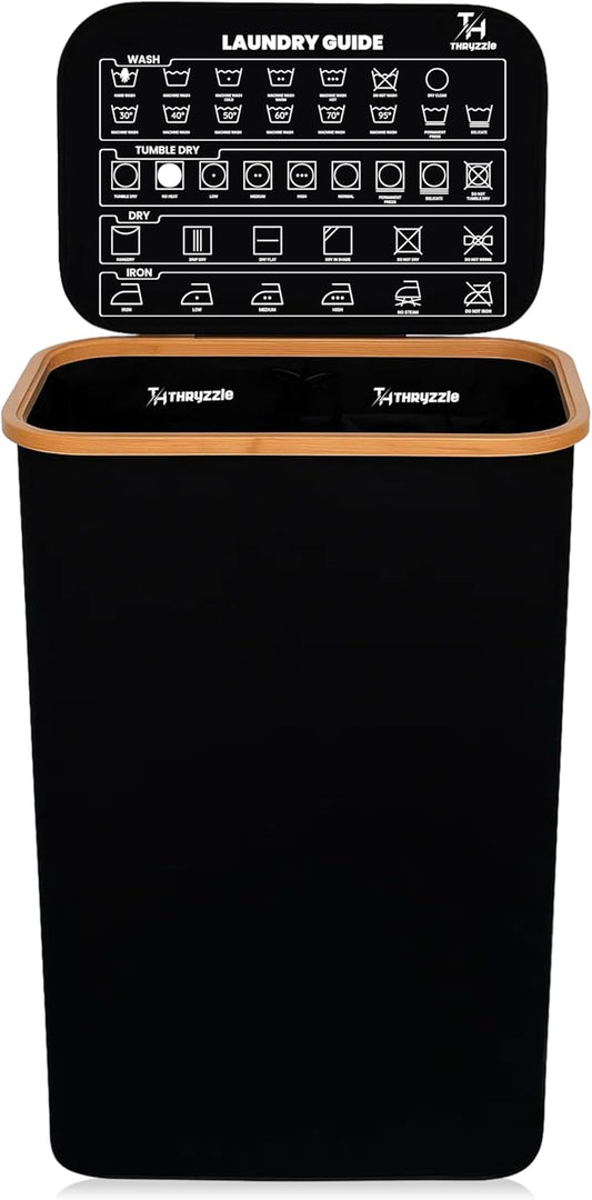 100L Laundry Basket with Lid, 2 Compartments for Sorting Laundry, Hamper Laundry Bin with Care Guide & 2 Removable Inner Bags, Dirty Clothes Basket with Bamboo-Rim Oxford Fabric (Black 100L)