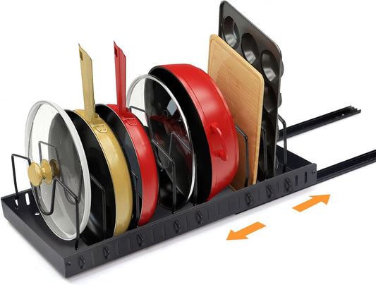 Expandable Pan Organiser for Cupboard, Pull Out Pans and Pots Organizer for Kitchen Storage Cabinets with 8 Adjustable Dividers, Pan Lid Rack Holder for Kitchen Cabinet Organizer