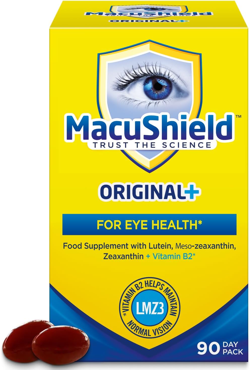 MacuShield Original Plus Capsules - 90-Day Pack, Eye Health Supplement* with Lutein Zeaxanthin and Meso-Zeaxanthin + Vitamin B2 (Riboflavin) which Helps Maintain Normal Vision