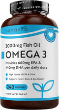 Nutravita Omega 3 Capsules High Strength 2000mg with 660mg EPA & 440mg DHA - 240 Softgel Omega 3 Fish Oil Capsules for 4 Months of Supply - Heart, Brain & Vision - Fish Oil Supplements
