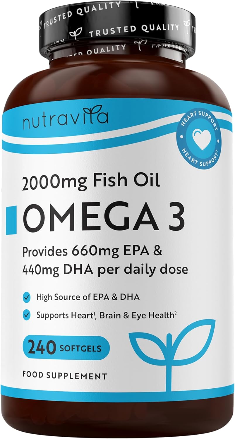 Nutravita Omega 3 Capsules High Strength 2000mg with 660mg EPA & 440mg DHA - 240 Softgel Omega 3 Fish Oil Capsules for 4 Months of Supply - Heart, Brain & Vision - Fish Oil Supplements