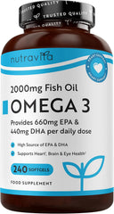 Nutravita Omega 3 Capsules High Strength 2000mg with 660mg EPA & 440mg DHA - 240 Softgel Omega 3 Fish Oil Capsules for 4 Months of Supply - Heart, Brain & Vision - Fish Oil Supplements