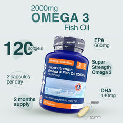 Zipvit Omega 3 Fish Oil 2000mg, EPA 660mg DHA 440mg, Wild-Caught, Cold Water Fish, Supports Heart, Brain & Vision, 120 Softgels, 2 Months Supply