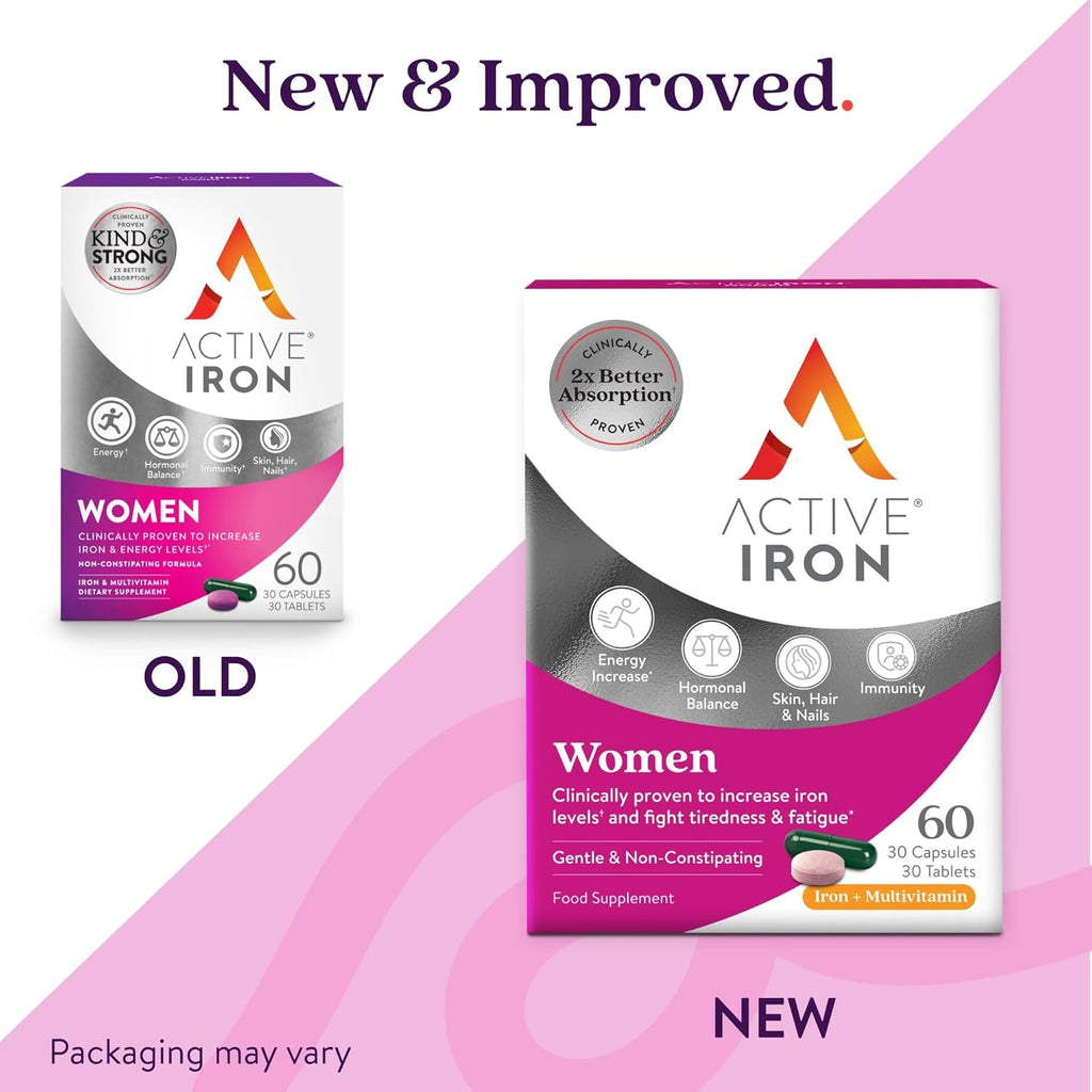 Active Iron Supplement 17 mg Multivitamin for Women - Clinically Proven to Increase Energy & Reduce Tiredness - Gentle, Non-Constipating Iron Women’s Multivitamin - 30 Capsules + 30 Tablets