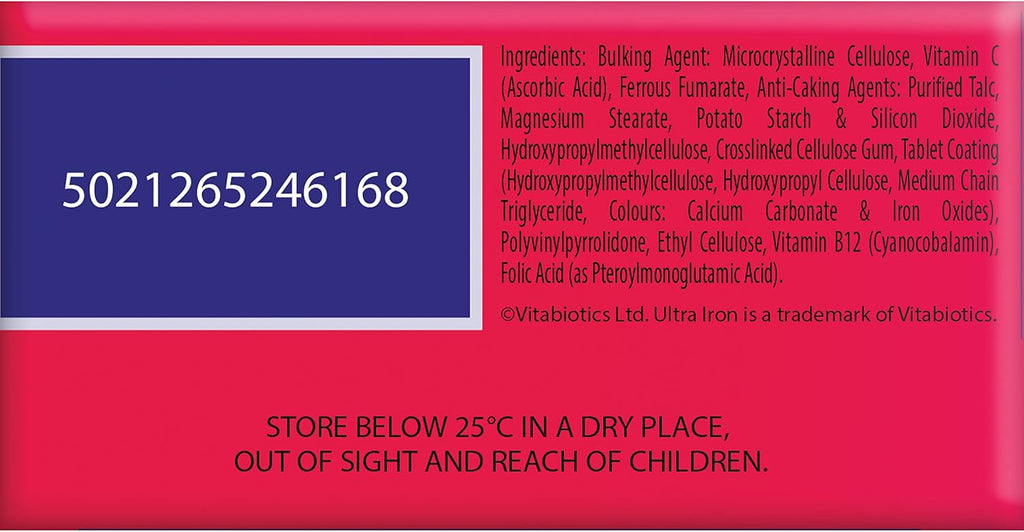 Iron Tablets Supplement, Boosts Energy, Vitality, Power and Immunity and Supports Against Anemia, Tiredness and Fatigue with Added Vitamin C Vitamin B12 and Folic Acid (Vitamin B9), Vitabiotics Ultra