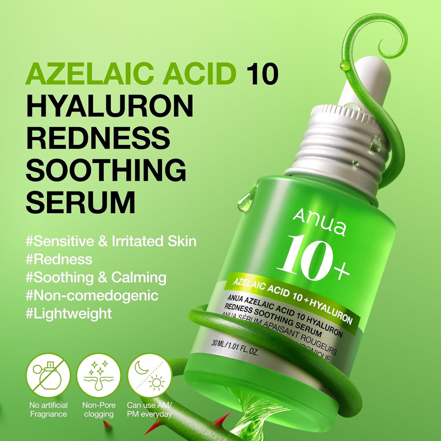 Anua Azelaic Acid 10 Hyaluronic Redness Soothing Serum, Facial Serum for Sensitive Skin, Hyaluronic Acid, Niacinamide, Spot Care, Natural Colour, Vegan, Korean Skincare (30 ml / 1.01 fl oz.)