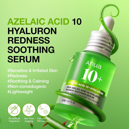 Anua Azelaic Acid 10 Hyaluronic Redness Soothing Serum, Facial Serum for Sensitive Skin, Hyaluronic Acid, Niacinamide, Spot Care, Natural Colour, Vegan, Korean Skincare (30 ml / 1.01 fl oz.)