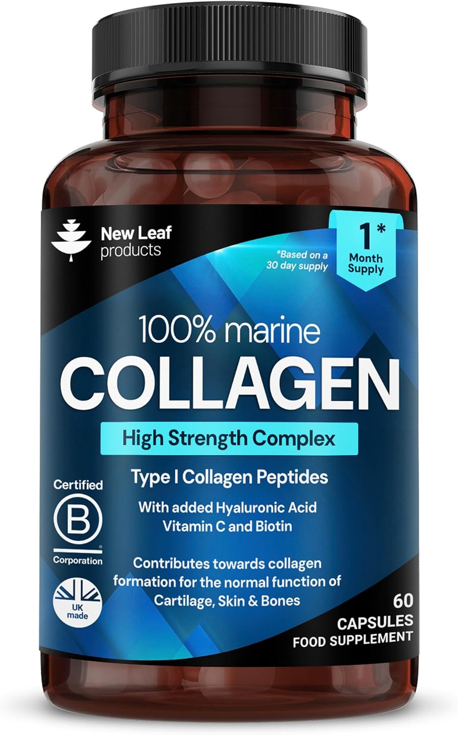 Pure Marine Collagen 100% Marine Collagen Type 1 1500mg - 180 Capusles Hydrolysed Collagen Peptides Enhanced with Hyaluronic Acid & Vitamin C, High Strength Collagen Supplements for Women and Men