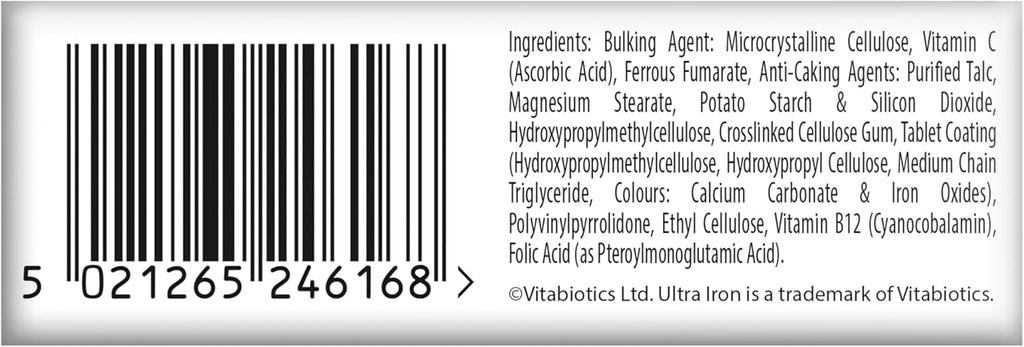 Iron Tablets Supplement, Boosts Energy, Vitality, Power and Immunity and Supports Against Anemia, Tiredness and Fatigue with Added Vitamin C Vitamin B12 and Folic Acid (Vitamin B9), Vitabiotics Ultra