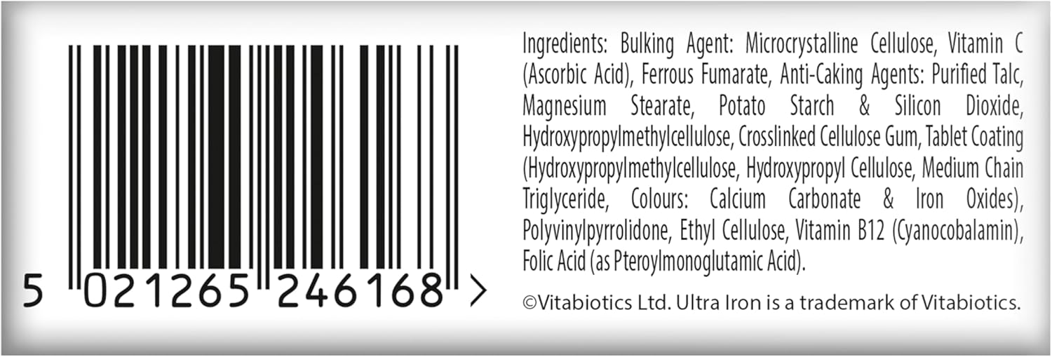 Iron Tablets Supplement, Boosts Energy, Vitality, Power and Immunity and Supports Against Anemia, Tiredness and Fatigue with Added Vitamin C Vitamin B12 and Folic Acid (Vitamin B9), Vitabiotics Ultra