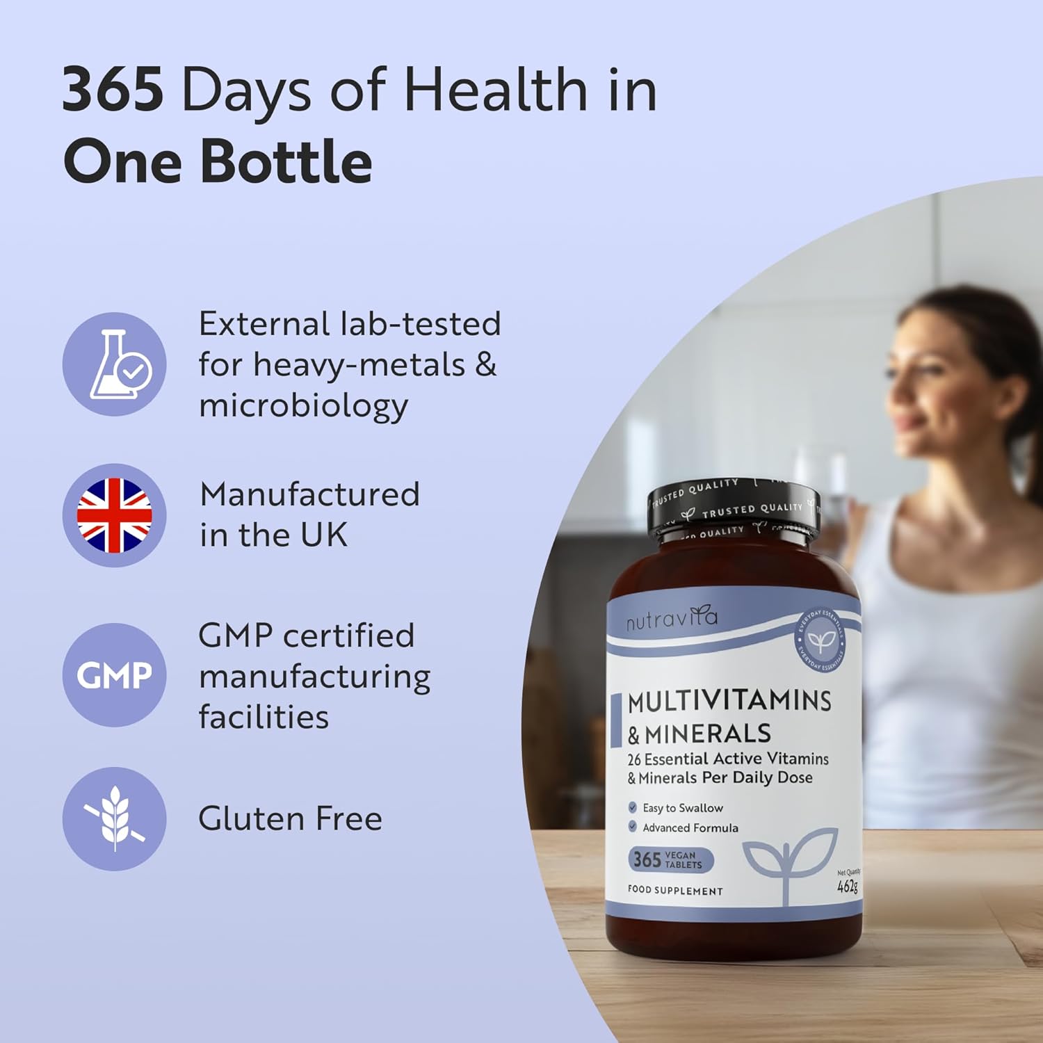 Nutravita Multivitamin Tablets for Women & Men - 365 Vegan Tablets - 1 Year Supply of Multivitamins - Immune System Support - Multi Vitamins - 26 Essential Active Vitamins & Minerals - Made in the UK