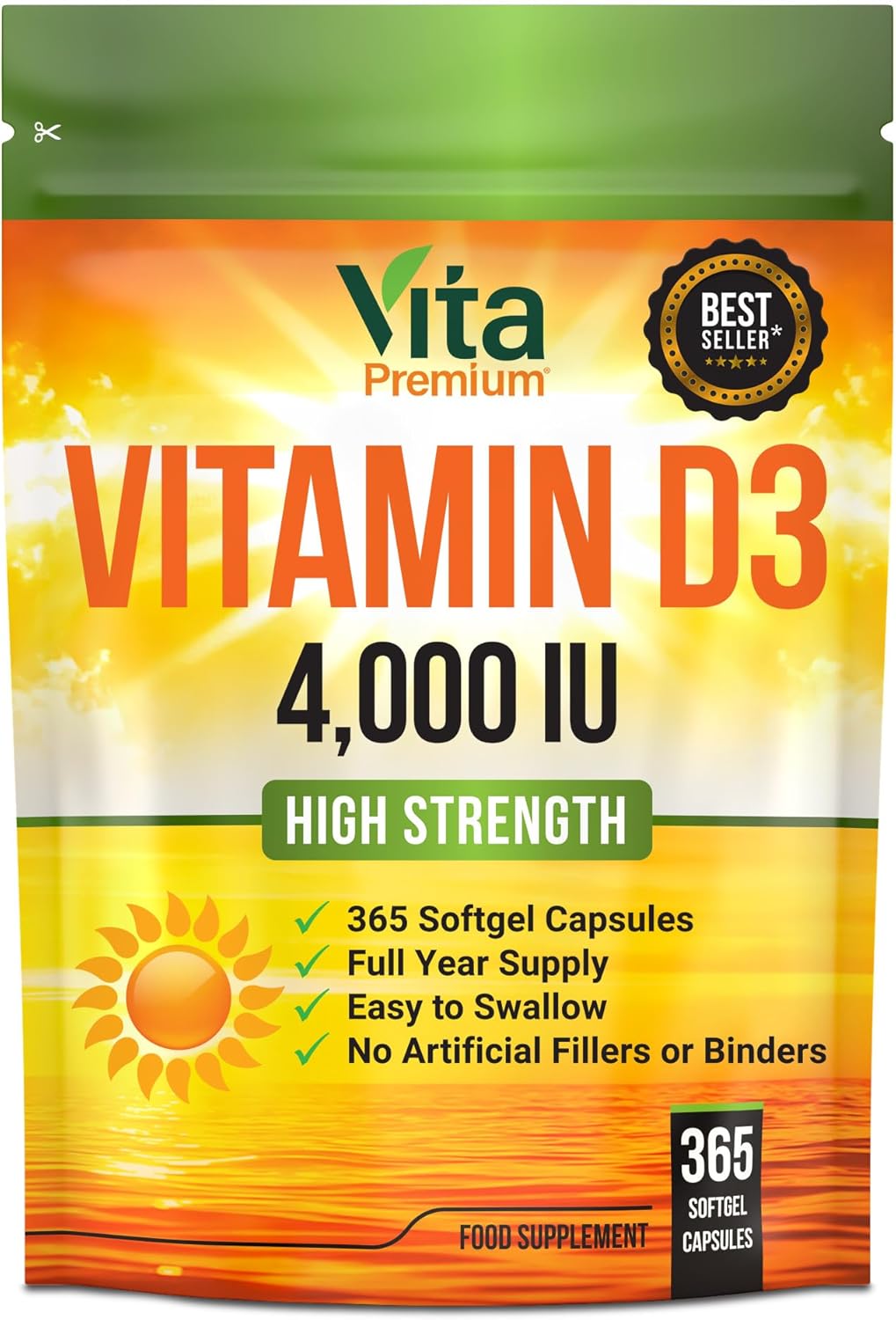 Vitamin D 4,000 IU Gel Capsules, High Strength Vitamin D3 Supplement, 365 Easy to Swallow Tablets - Full Year Supply