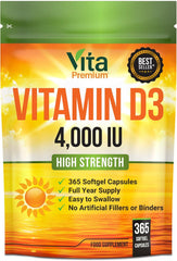 Vitamin D 4,000 IU Gel Capsules, High Strength Vitamin D3 Supplement, 365 Easy to Swallow Tablets - Full Year Supply
