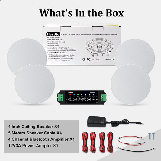 4 " 320 Watts 2-Way Bluetooth Ceiling Speakers Package Perfect for Home Theater System Living Room Flush Mount 4 Speaker