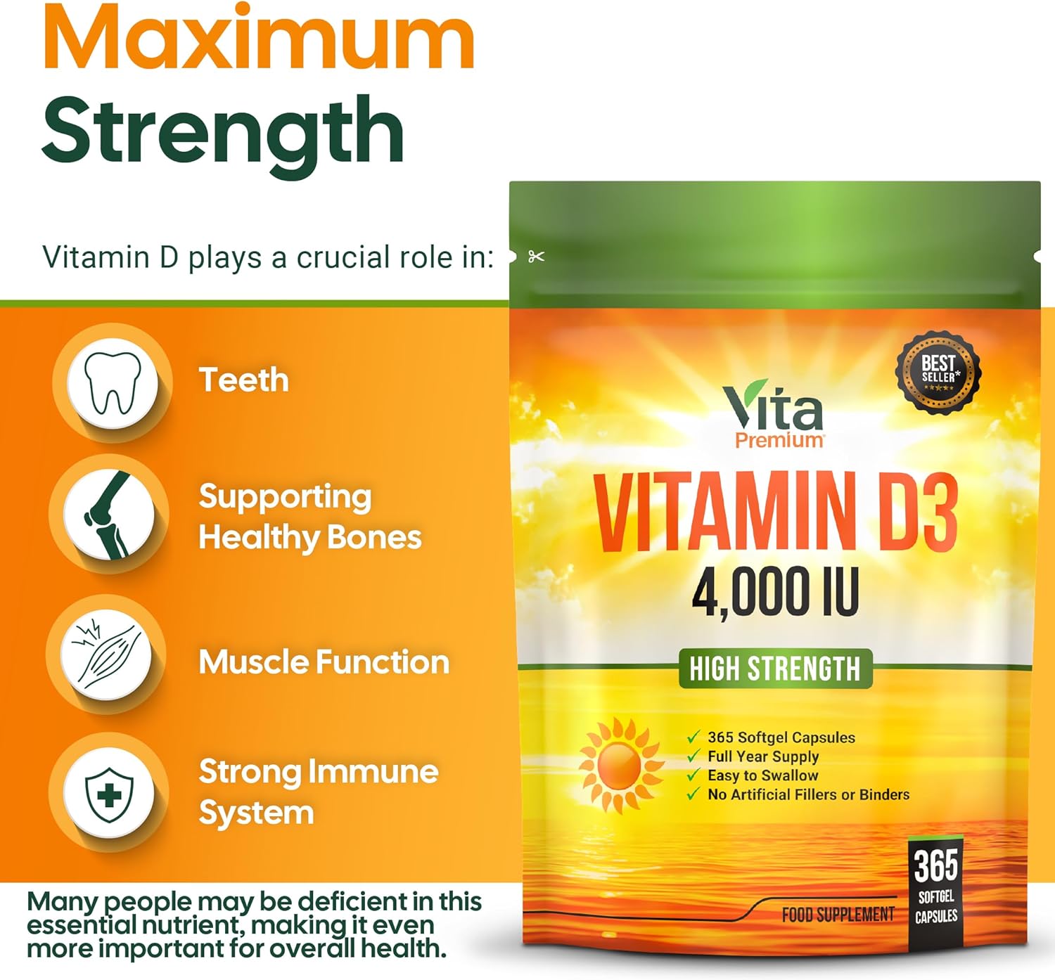 Vitamin D 4,000 IU Gel Capsules, High Strength Vitamin D3 Supplement, 365 Easy to Swallow Tablets - Full Year Supply