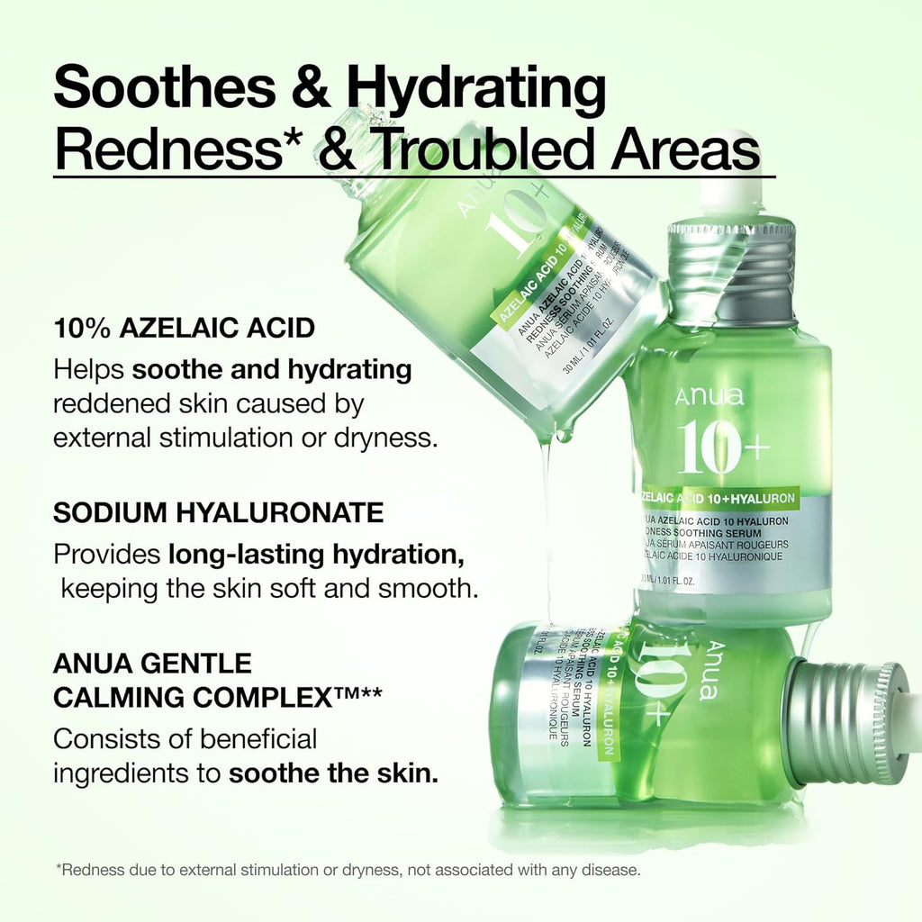 Anua Azelaic Acid 10 Hyaluronic Redness Soothing Serum, Facial Serum for Sensitive Skin, Hyaluronic Acid, Niacinamide, Spot Care, Natural Colour, Vegan, Korean Skincare (30 ml / 1.01 fl oz.)