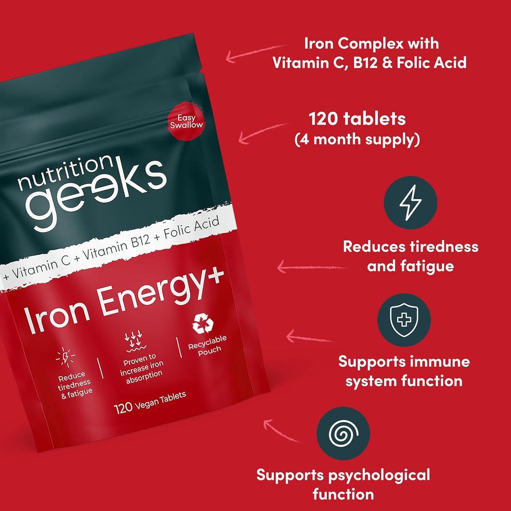 Iron Tablets High Strength - Energy Tablets with Vitamin C, B12 & Folic Acid - 120 Vegan Iron Supplements for Women and Men - 14mg - Enhanced Energy Support & Increased Absorption - UK Made