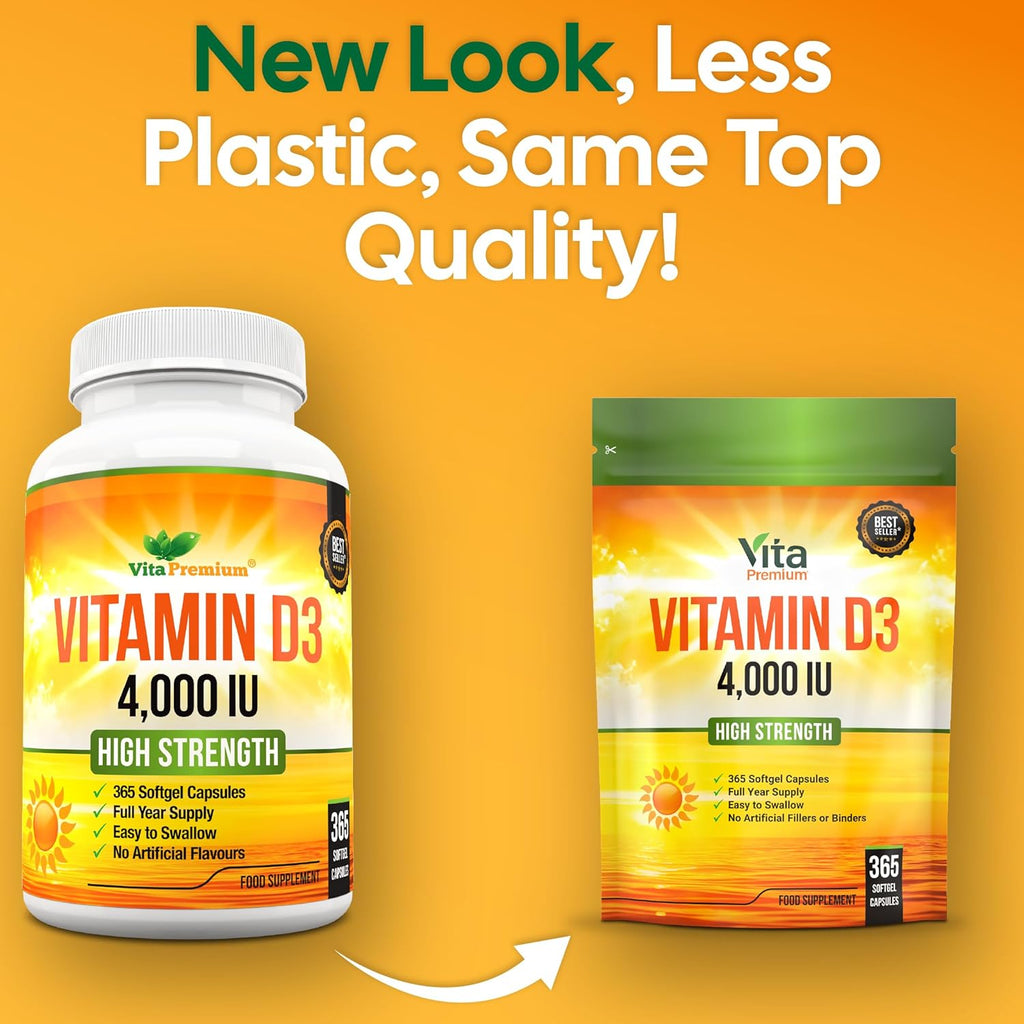 Vitamin D 4,000 IU Gel Capsules, High Strength Vitamin D3 Supplement, 365 Easy to Swallow Tablets - Full Year Supply