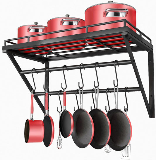 Wall Mount Pot Pan Racks, Saucepan Hanging Rack, Kitchen Utensils Hanging Shelf with 2 Rails, 12 Hooks, 60Cm