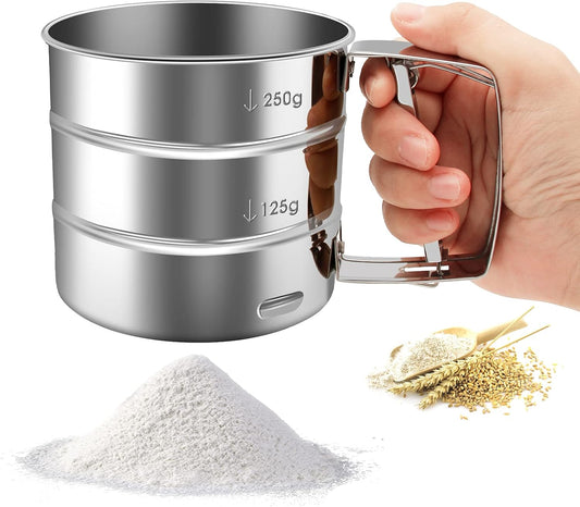 Flour Sifter-Stainless Steel Hand Held Flour Sifter,Flour Shaker Cup for Home Kitchen with Hand Press, Large Capacity Baking Sieve Cup for Icing Sugar Cake Flour (Silver)