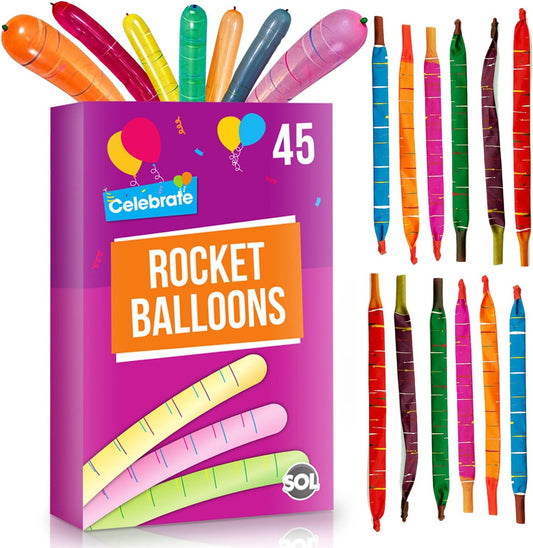 45Pk Rocket Balloons – Assorted Colour Flying Whistling Balloons for Kids, Durable Latex Party Bag Fillers, Fun Loot Bag Toys and Party Activities