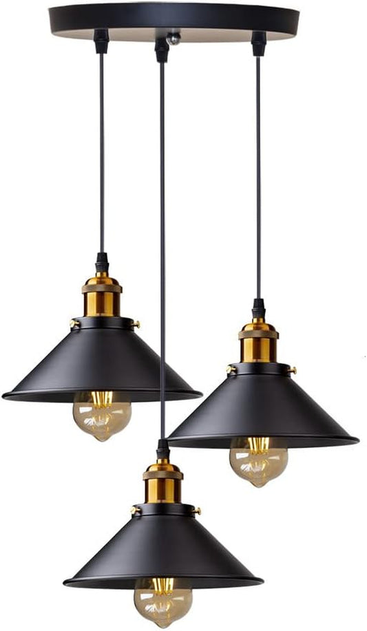 3 Lights Vintage Pendant Light, E27 Black Metal Hanging Lights, Industrial Ceiling Lights for Kitchen Bedroom Living Dining Room