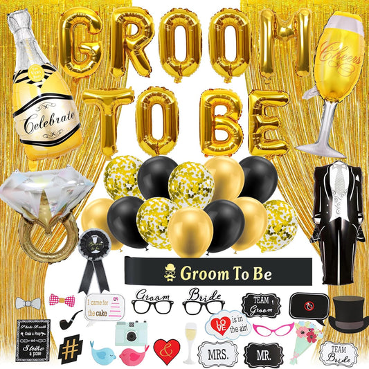 Stag Do Accessories Men Balloon - 29 Pcs Groom to Be Party Decorations Including Photo Props Latex Balloons Sash Foil Fringe Curtain for Men Bachelor Decor Bridegroom Shower Wedding Party Supplies